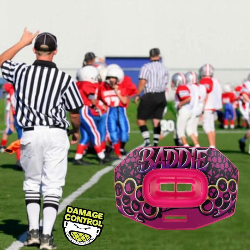 DAMAGE CONTROL Youth Football Mouth Guard – Breathable No Boil Mouthpiece, Protects Lips & Teeth, Works with Braces, Includes Helmet Strap – Sports Gear & Accessories (Baddie) - Image 5